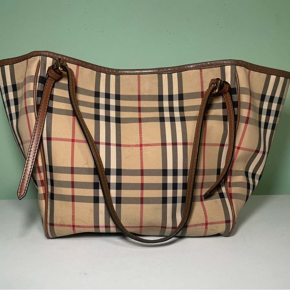 Burberry Tan and Red Checkered Tote